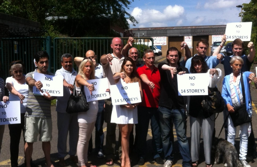 Cllr Simon Marcus leading the campaign against the tower block last summer