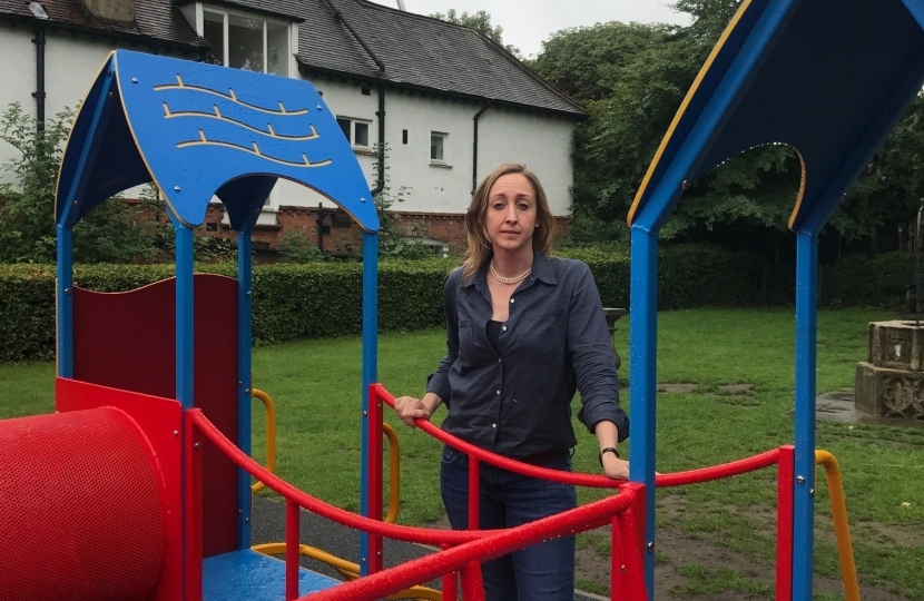 Cllr Claire-Louise Leyland reviewing the equipment at Antrim Rd playground