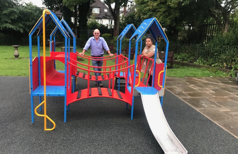 Steve Adams and Cllr Leila Roy reviewing the equipment at Antrim Rd playground