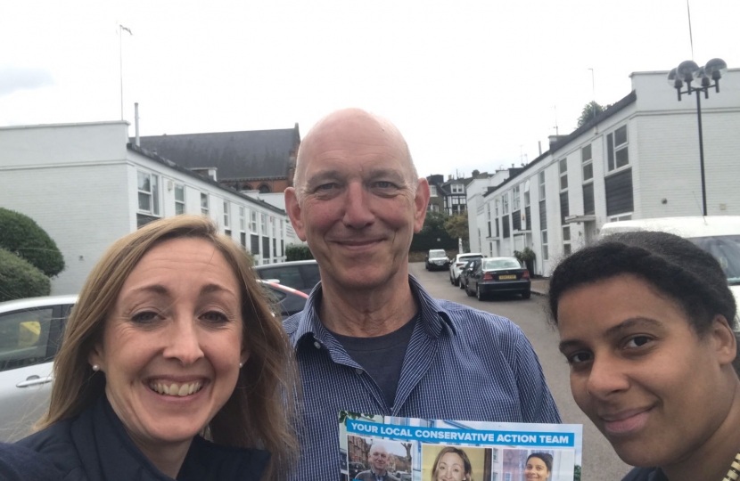 Cllr Claire-Louise Leyland, Steve Adams and Leila Roy calling on local residents in Quickswood, Conybeare, Elliott Square and Elsworthy Rise.