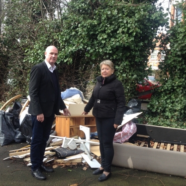 Cllr John Warren and Cllr Carol Shaw inspecting fly tipping in Brondesbury Park