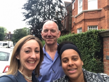 Cllr Claire-Louise Leyland, Steve Adams and Cllr Leila Roy  reporting back from Lancaster Grove, on a rather damp summer’s day