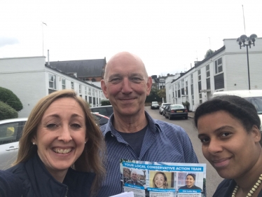 Cllr Claire-Louise Leyland, Steve Adams and Leila Roy calling on local residents in Quickswood, Conybeare, Elliott Square and Elsworthy Rise.