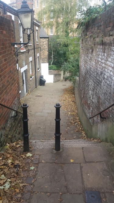 Streatley Place staircase, which the developer wants to narrow even further! And the developer wants to drive a 9ft (2.7m) skip lorry down 6ft (1.8m) wide Flask Walk